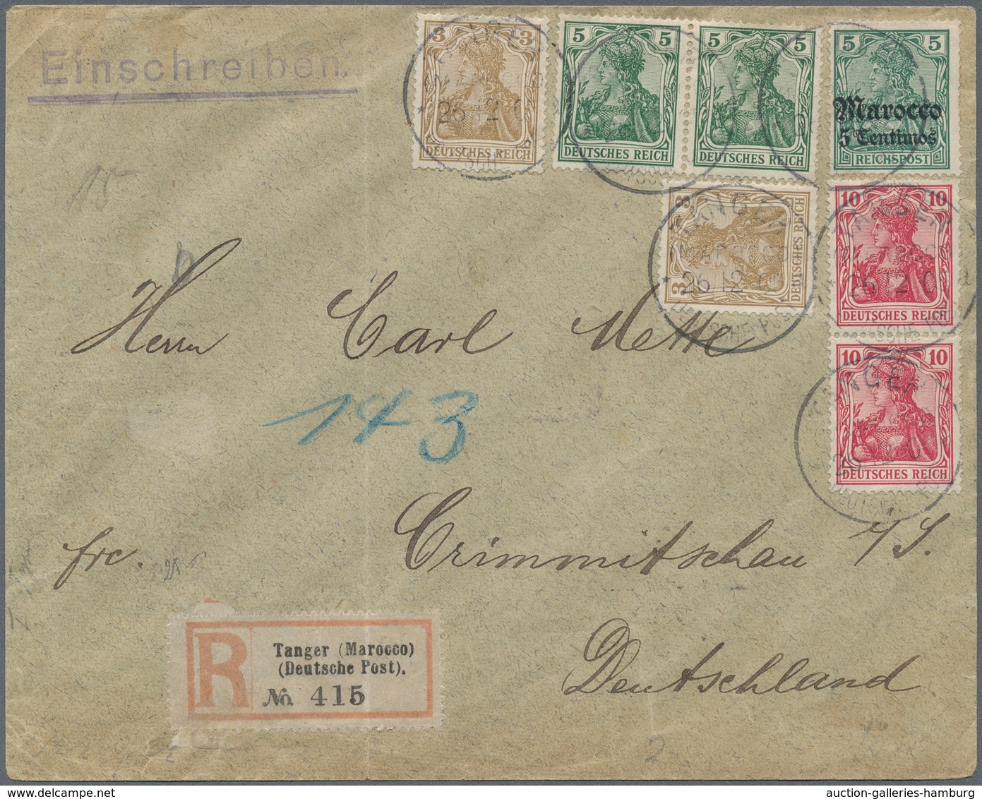 Deutsche Post In Marokko: 1905, 5 C Auf 5 (Pf) Germania Aufdruck In Frakturschrift Entwertet Mit K1 - Maroc (bureaux)