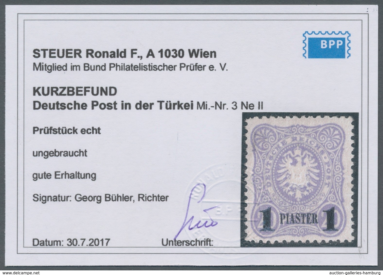 Deutsche Post In Der Türkei: 1884, Pfennig-Ausgabe 20 Pfg. Neudruck Type II Mit Blauem Aufdruck 1 Pi - Turquia (oficinas)