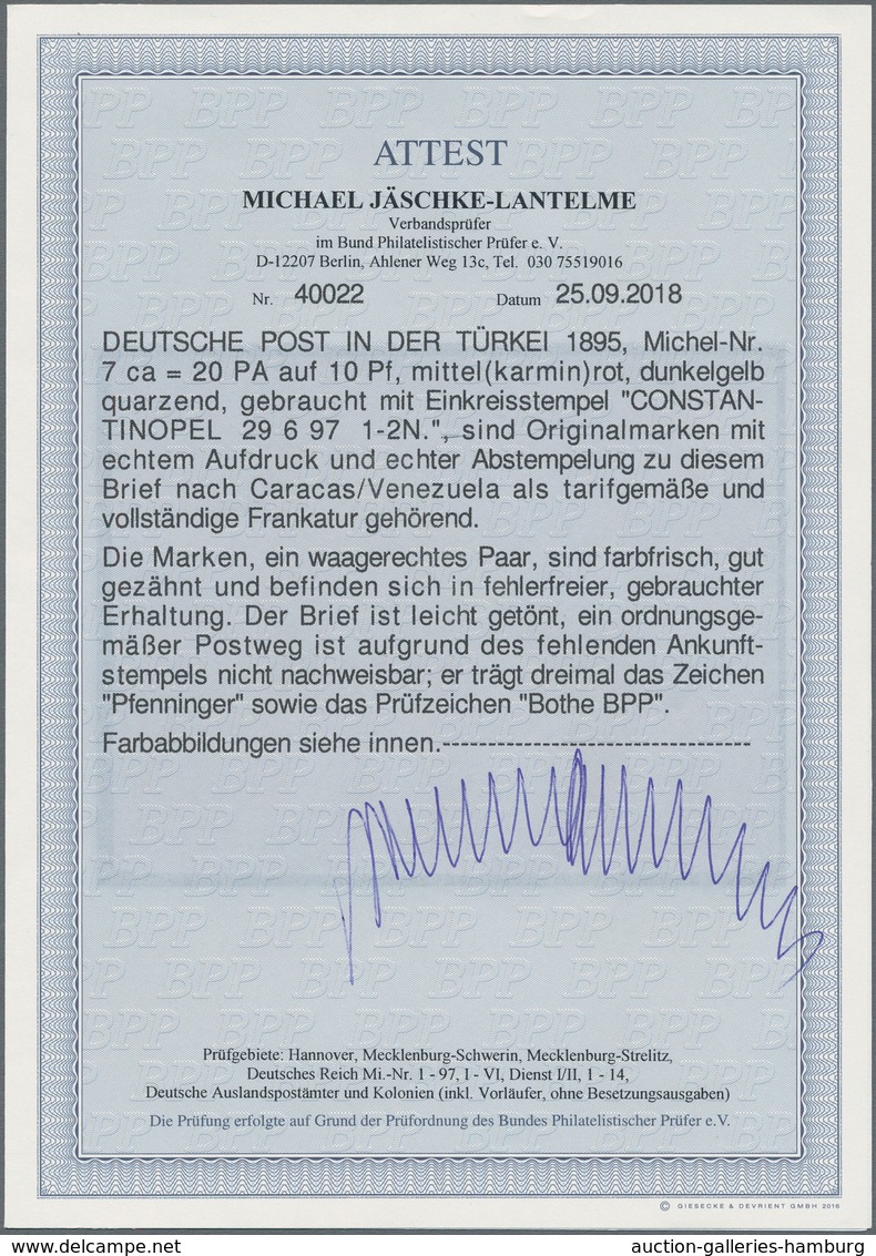 Deutsche Post In Der Türkei: 1895, "20 PARA 20" Auf 10 Pf Krone/Adler, Mittel(karmin)rot [dunkelgelb - Deutsche Post In Der Türkei