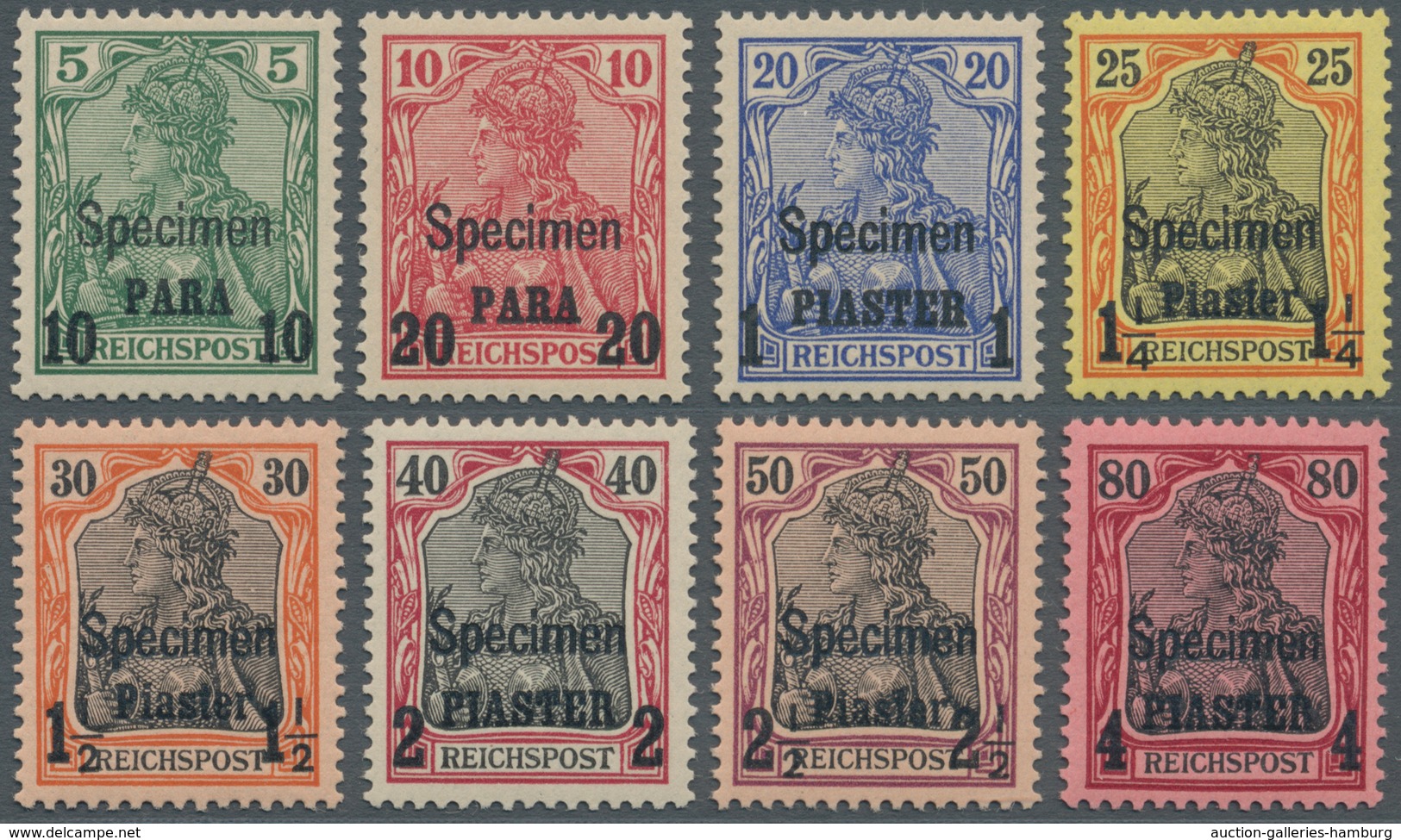 Deutsche Post In Der Türkei: 1900, 10 Pa. Bis 4 Pa. Auf Germania Mit Aufdruck "Specimen", Postfrisch - Deutsche Post In Der Türkei