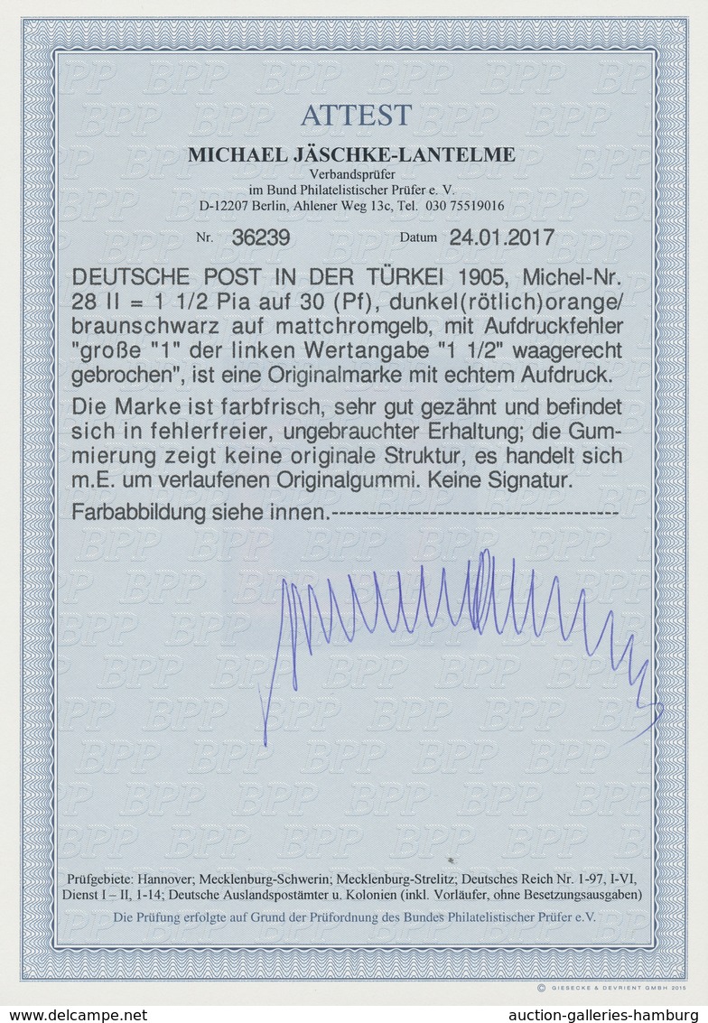 Deutsche Post In Der Türkei: 1905, 1 1/2 Pia Auf 30 Pf Germania Mit AUFDRUCKFEHLER "große 1 Waager. - Deutsche Post In Der Türkei