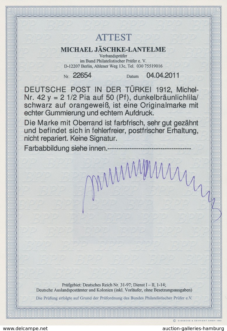 Deutsche Post In Der Türkei: 1905, 2 1/2 Pia Auf 50 Pf (orangeweiß), Postfrischer OR-Stück In Tadell - Deutsche Post In Der Türkei