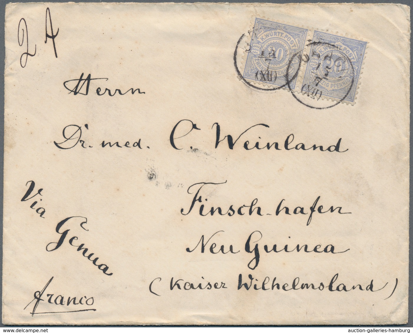 Deutsch-Neuguinea: 1889, INCOMING MAIL, Württemberg, 20 Pf Im Paar Auf Brief Der 2.Gewichtsstufe Von - Nueva Guinea Alemana