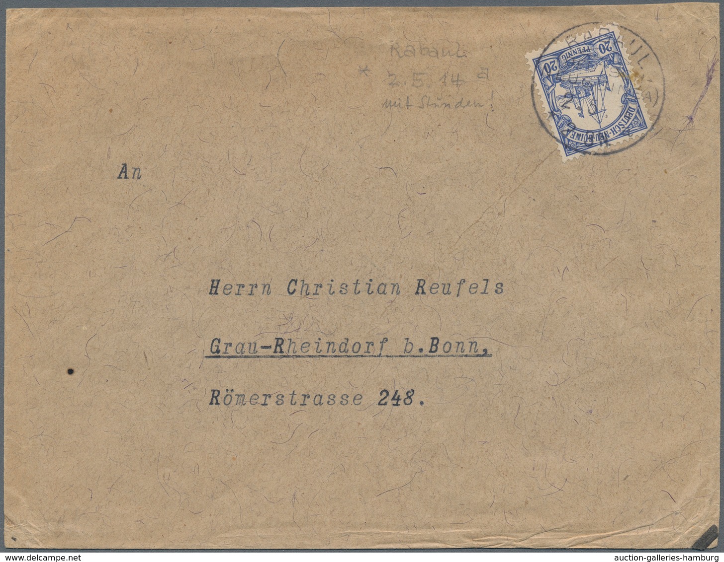 Deutsch-Neuguinea - Besonderheiten: 1914, 20 Pf Ultramarin Sauber Gestempelt RABAUL Auf Brief Nach G - Deutsch-Neuguinea