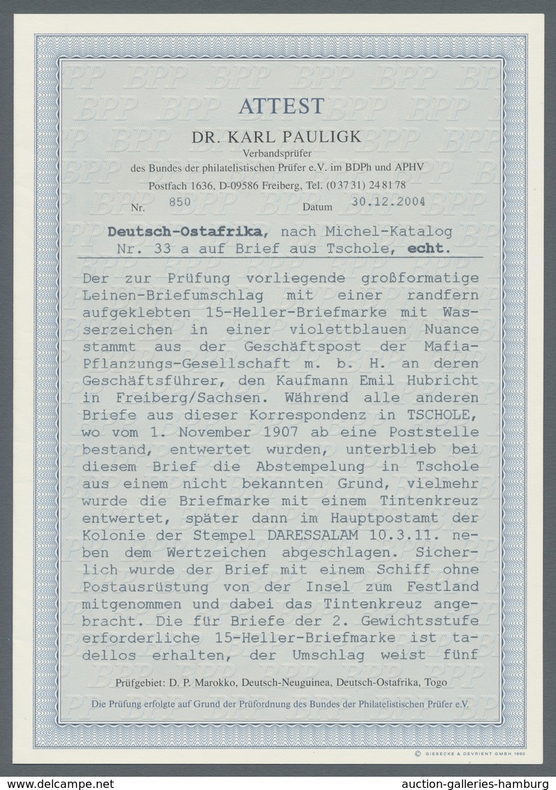 Deutsch-Ostafrika: 1911, Kaiseryacht 15 Heller Auf Großformatigem Bedarfsbrief Mit Rückseitigem Abse - Deutsch-Ostafrika