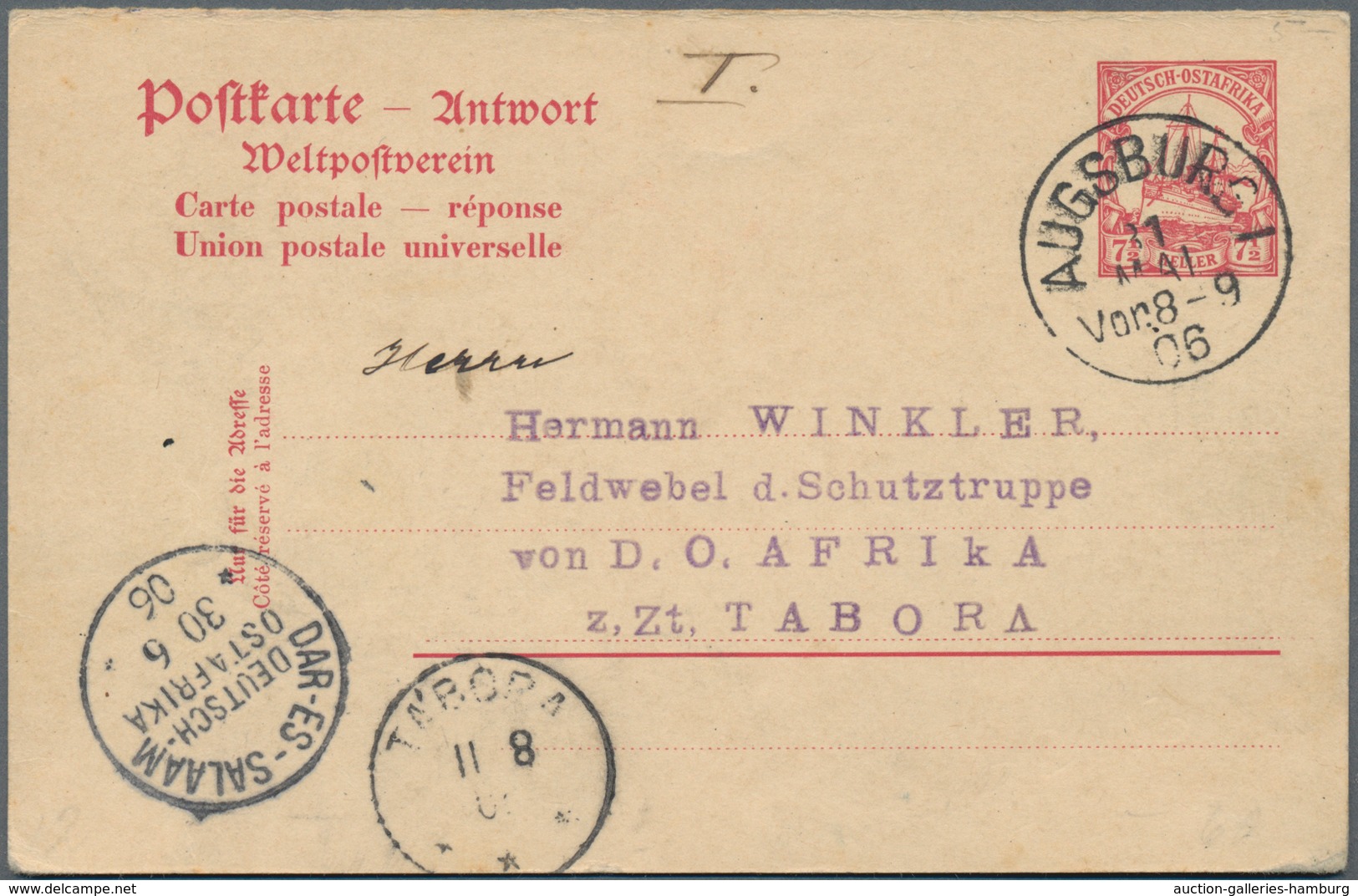 Deutsch-Ostafrika - Ganzsachen: 1906, 7 1/2 Heller Karmin Yacht, Antwortganzsache Mit Vollem Bedarfs - Deutsch-Ostafrika