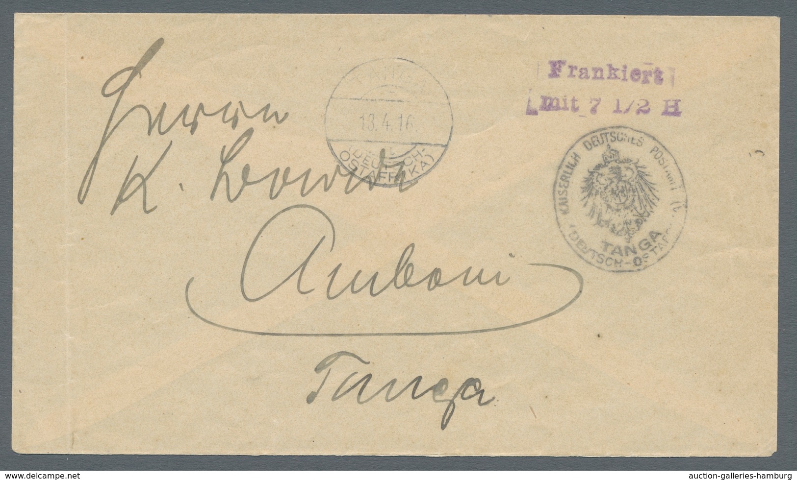 Deutsch-Ostafrika - Ganzsachen: 1916 - TANGA (13.4.16). PRIVATUMSCHLAG Des Postamtes Tanga Mit Schwa - África Oriental Alemana