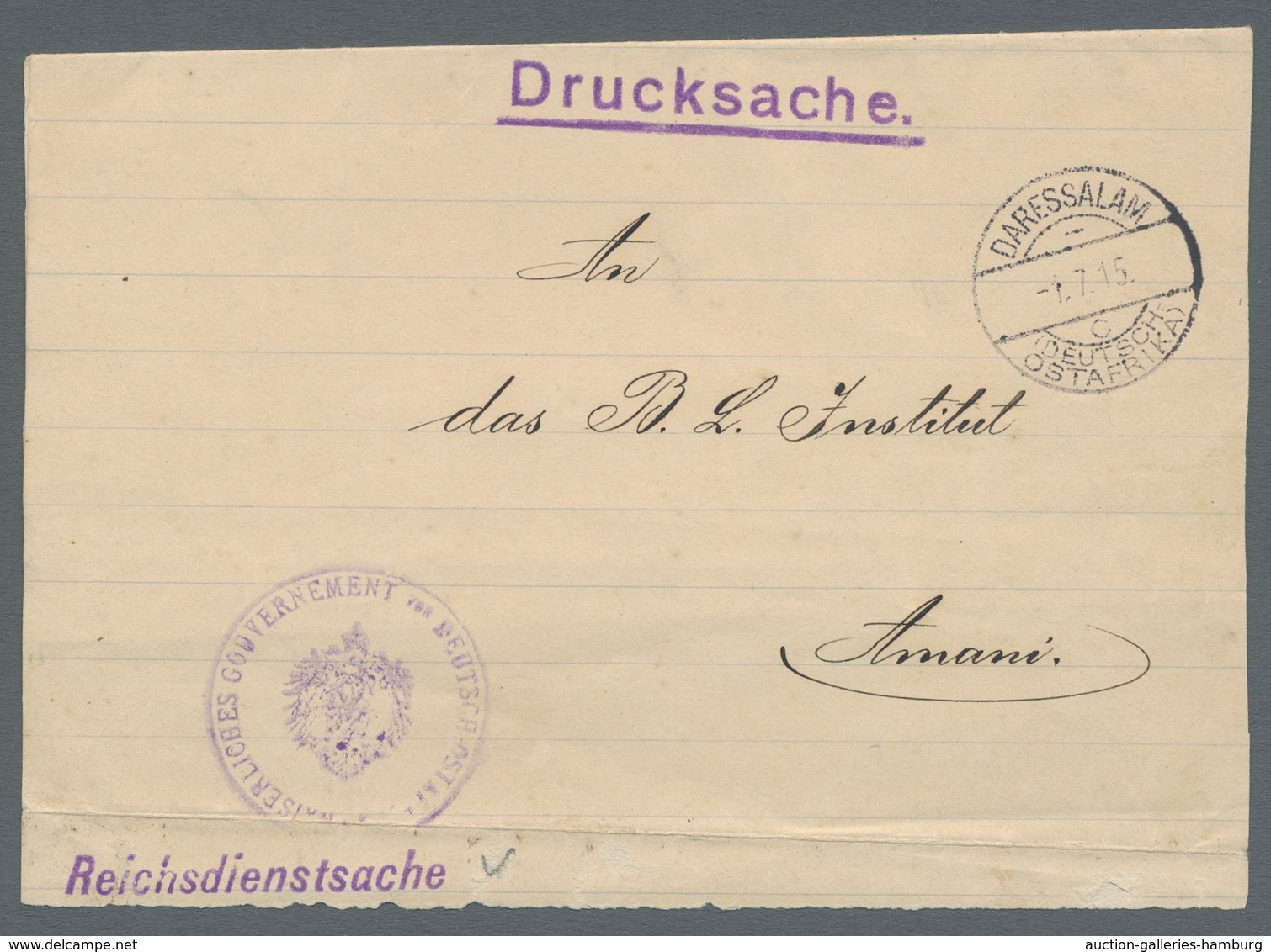 Deutsch-Ostafrika - Stempel: 1915 - DARESSALAM (1.7.15). Provisorischer Drucksache-Umschlag Nach Ama - Afrique Orientale