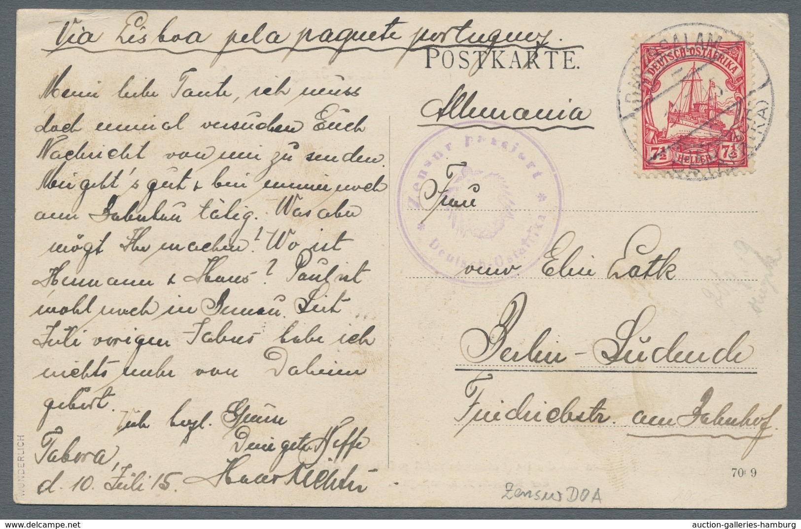 Deutsch-Ostafrika - Stempel: 1915 - DARESSALAM (10.7.15). 7 1/2 Heller (Mi.-Nr. 32) Auf Ansichtskart - German East Africa