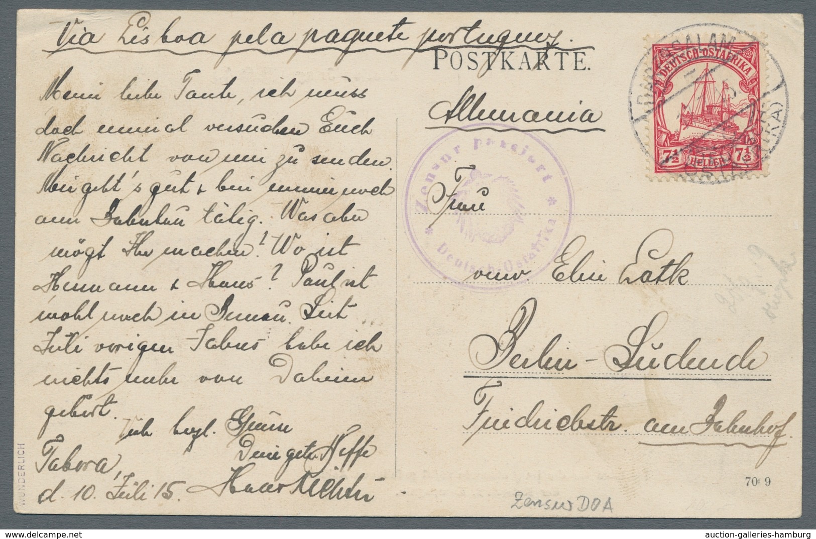 Deutsch-Ostafrika - Stempel: 1915 - DARESSALAM (10.7.15). 7 1/2 Heller (Mi.-Nr. 32) Auf Ansichtskart - África Oriental Alemana