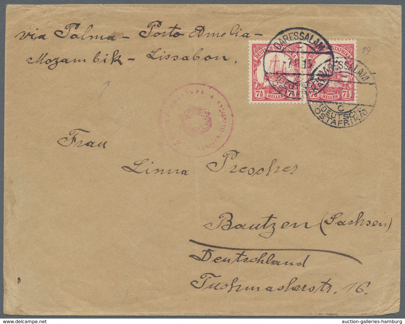 Deutsch-Ostafrika - Stempel: 1915 - DARESSALAM (7.11.15). 7 1/2 Heller, Mi.-Nr. 32 Als Waagerechtes - África Oriental Alemana