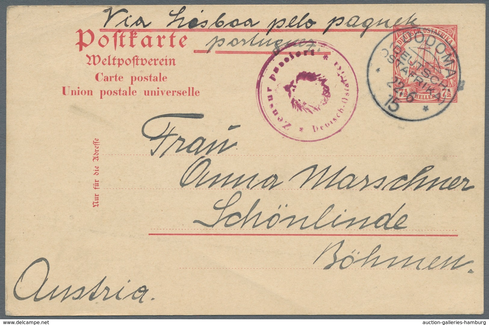 Deutsch-Ostafrika - Stempel: 1915 - DODOMA (22.6.15). Ganzsache 7 1/2 Heller Mit Rotviolettem Zensur - Deutsch-Ostafrika