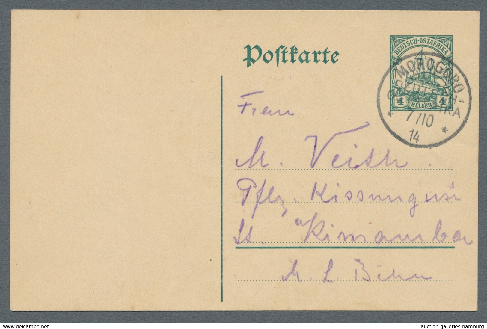 Deutsch-Ostafrika - Stempel: 1914 - MOROGORO (7.10.14). Ganzsache 4 Heller Nach Pflanzung Kissungusi - Deutsch-Ostafrika