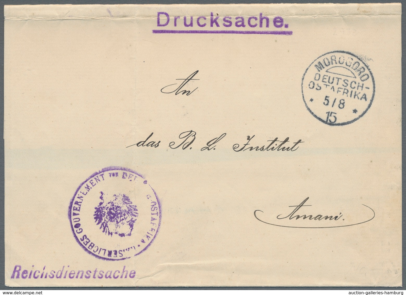 Deutsch-Ostafrika - Stempel: 1915 - MOROGORO (5.8.15). Provisorischer Drucksache-Umschlag (aus Engli - África Oriental Alemana