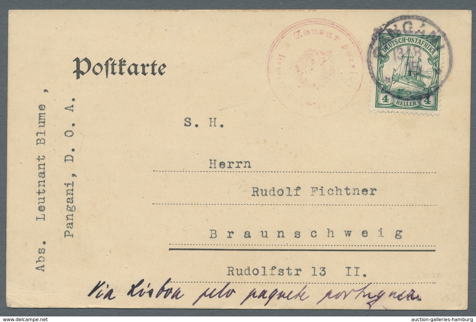 Deutsch-Ostafrika - Stempel: 1915 - PANGANI (13.8.15). 4 Heller (Mi.-Nr. 31) Auf Postkarte Eines Leu - Deutsch-Ostafrika