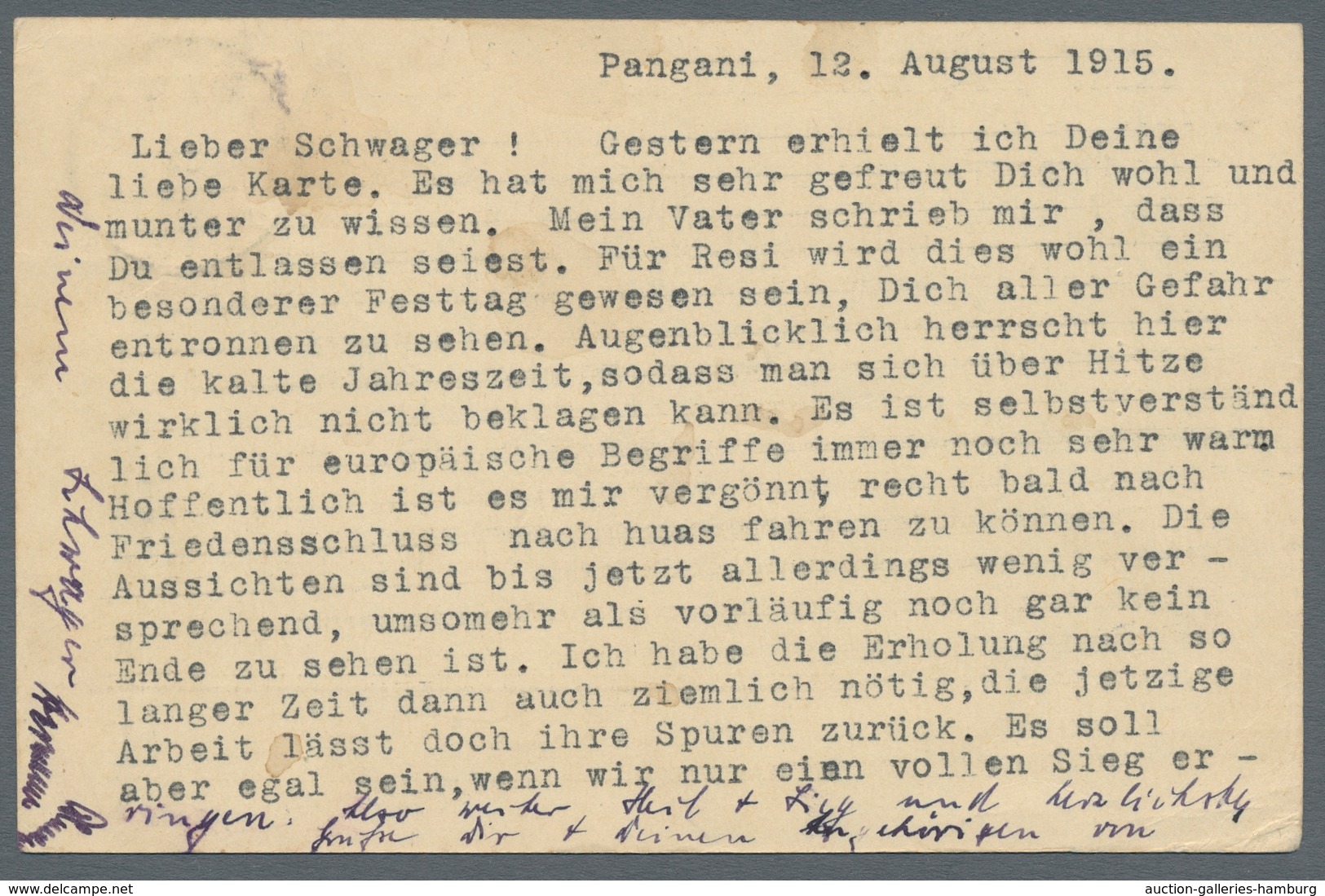 Deutsch-Ostafrika - Stempel: 1915 - PANGANI (13.8.15). 4 Heller (Mi.-Nr. 31) Auf Postkarte Eines Leu - África Oriental Alemana