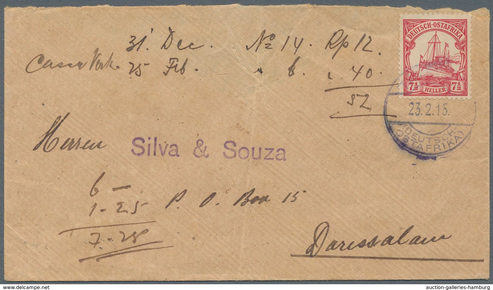 Deutsch-Ostafrika - Stempel: 1915 - TABORA (23.2.15). 7 1/2 Heller (Mi.-Nr. 32) Auf Brief Nach Charl - África Oriental Alemana