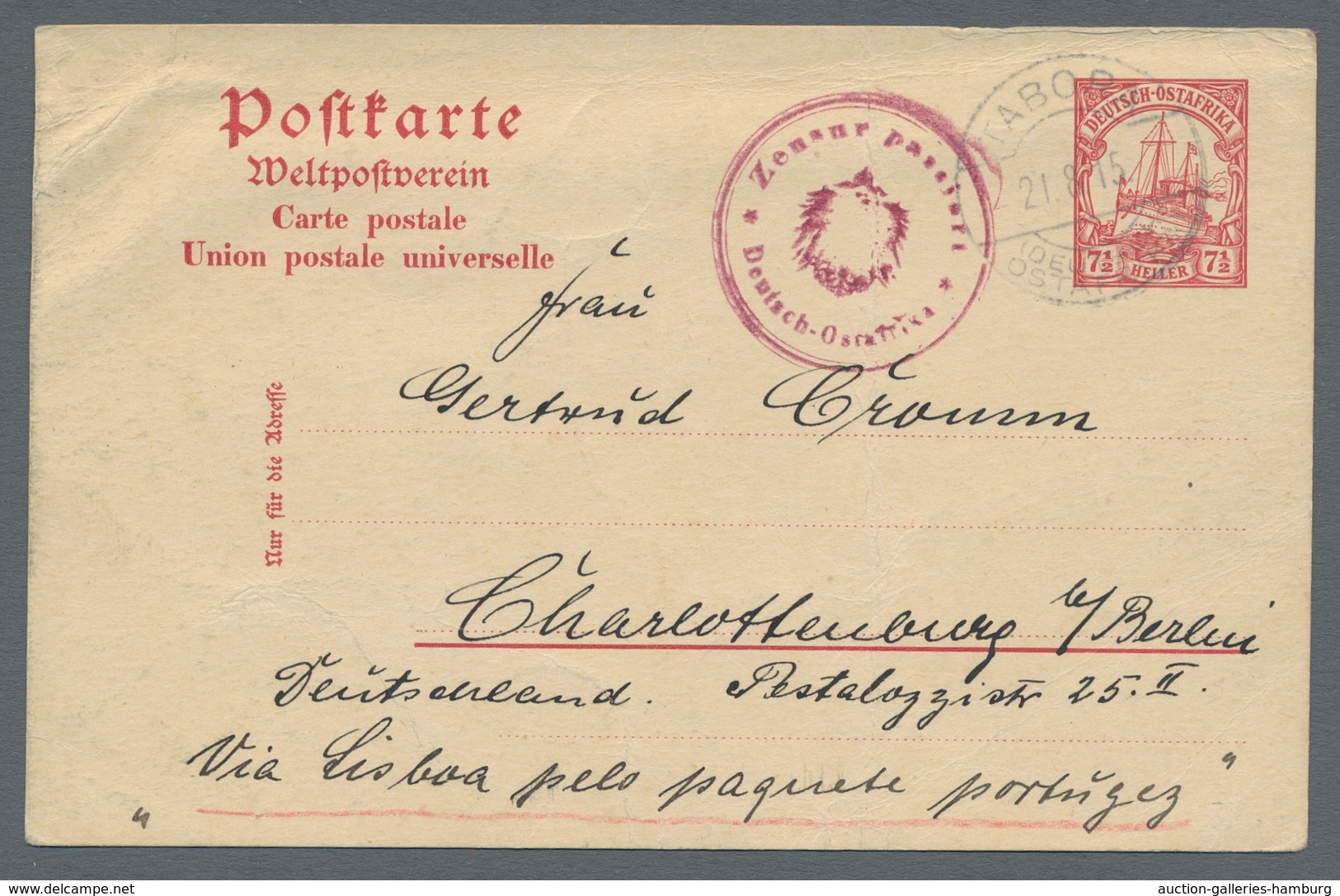 Deutsch-Ostafrika - Stempel: 1915 - TABORA (21.8.15). Ganzsache 7 1/2 Heller Nach Charlottenburg übe - Afrique Orientale