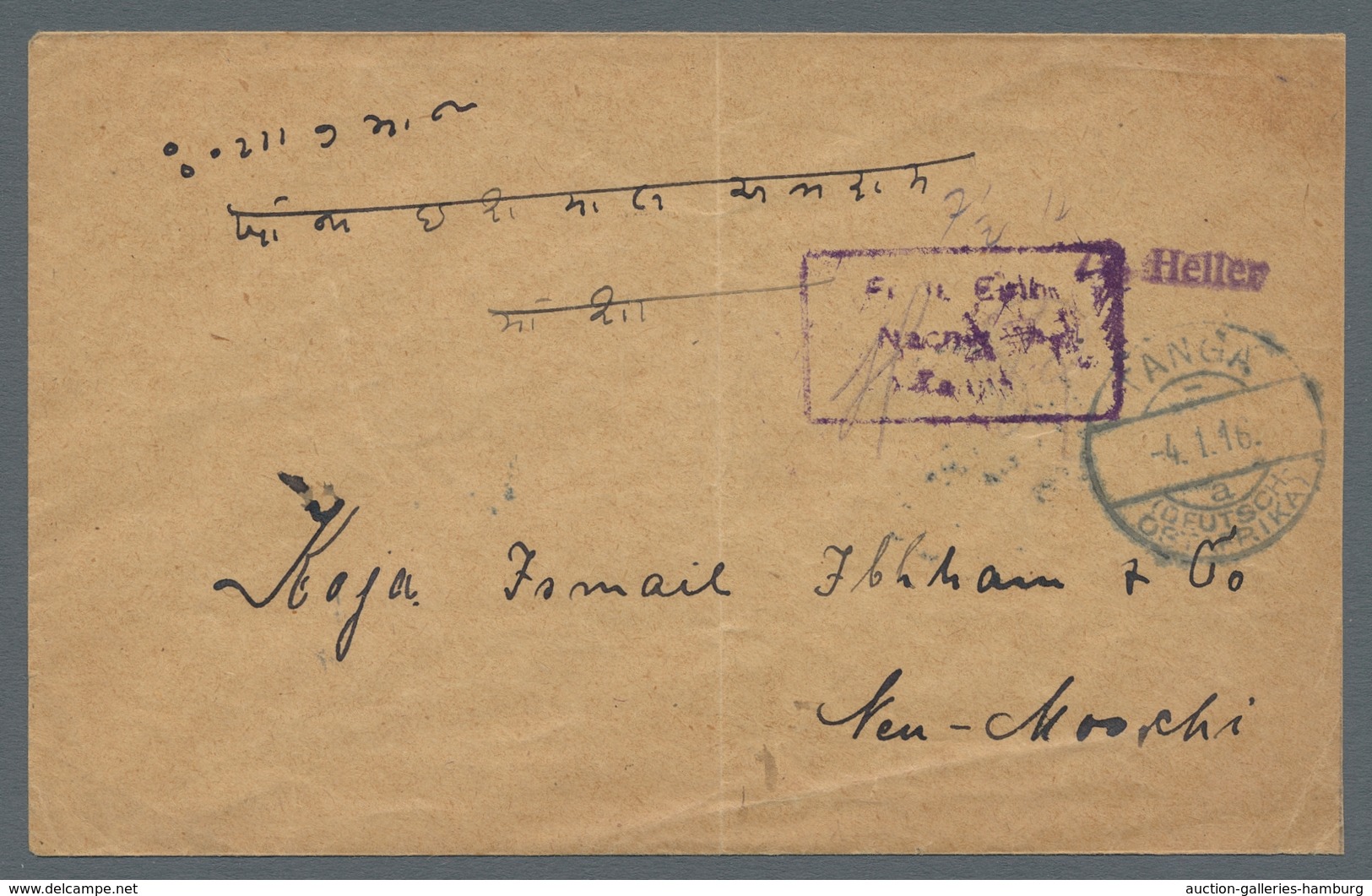 Deutsch-Ostafrika - Stempel: 1916 - TANGA (4.1.16). "Inder-Korrespondenz"; Brief Mit Barfrankierungs - Deutsch-Ostafrika
