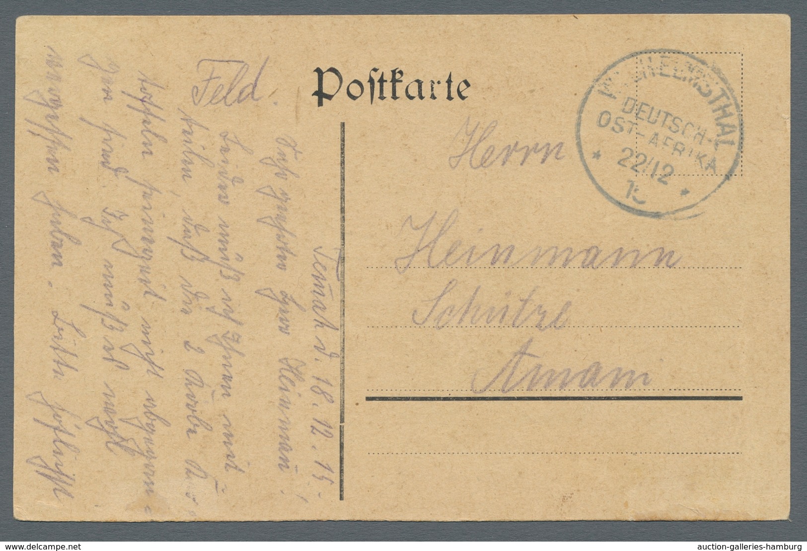 Deutsch-Ostafrika - Stempel: 1915 - WILHELMSTHAL (22.12.15). Feldpostkarte Aus Temmath/Wilhelmstal N - Afrique Orientale