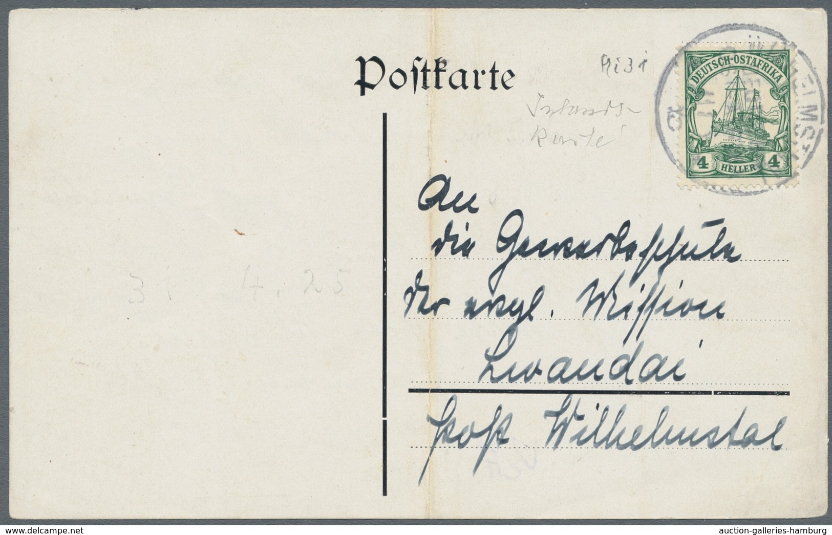 Deutsch-Ostafrika - Stempel: 1916 - WILHELMSTHAL (11.5.16). 4 Heller (Mi.-Nr. 31) Auf Postkarte An D - Afrique Orientale
