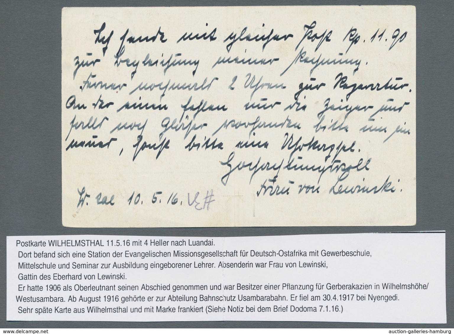 Deutsch-Ostafrika - Stempel: 1916 - WILHELMSTHAL (11.5.16). 4 Heller (Mi.-Nr. 31) Auf Postkarte An D - Deutsch-Ostafrika