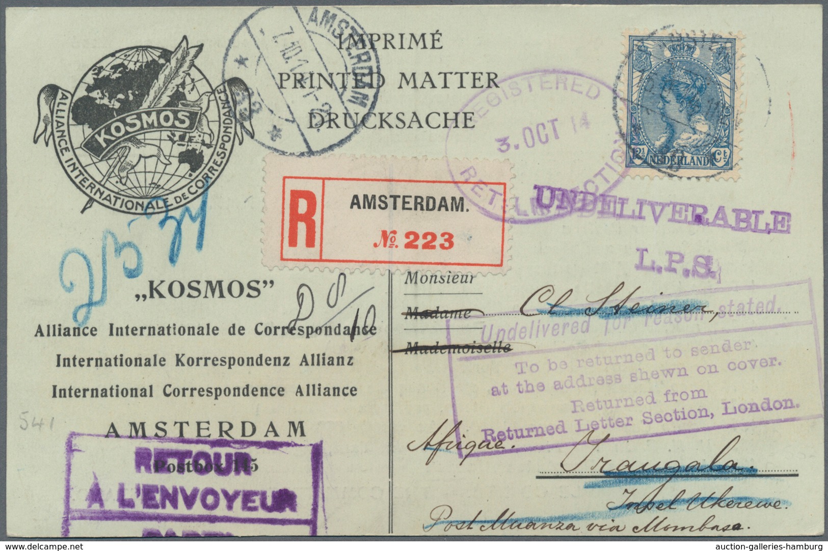 Deutsch-Ostafrika - Besonderheiten: 1914, Registered Card "KOSMOS International Correspondence Allia - Africa Orientale Tedesca