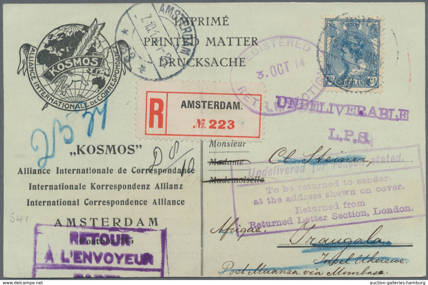 Deutsch-Ostafrika - Besonderheiten: 1914, Registered Card "KOSMOS International Correspondence Allia - Duits-Oost-Afrika