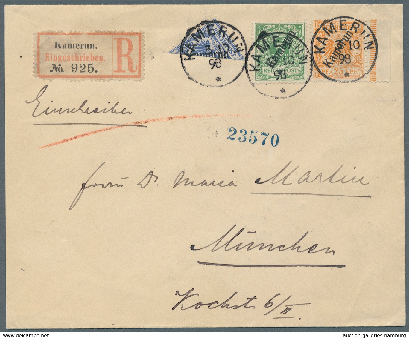 Deutsche Kolonien - Kamerun: 1898, 20 Pfg. Aufdruck-Marke Diagonal Halbiert Mit Portogerechter Zufra - Kameroen