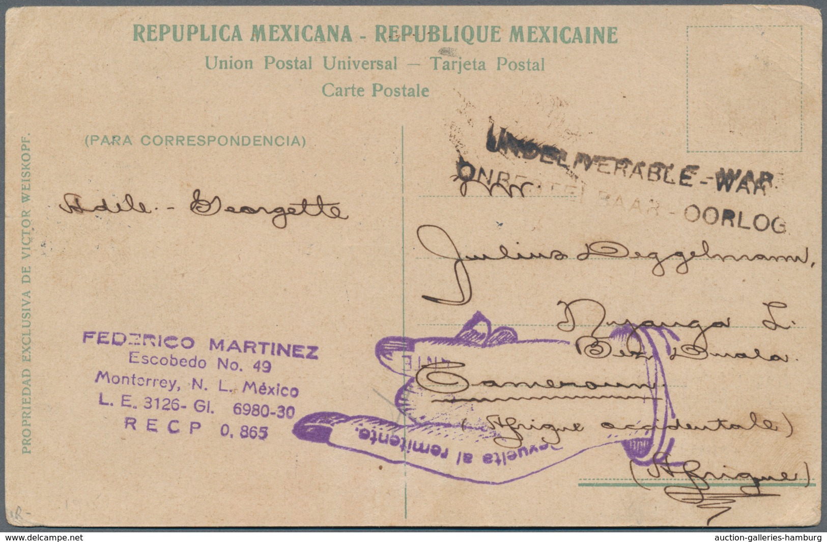 Deutsche Kolonien - Kamerun - Besonderheiten: 1915, 15.Februar, Ansichtskarte Aus Monterrey/Mexico M - Cameroun