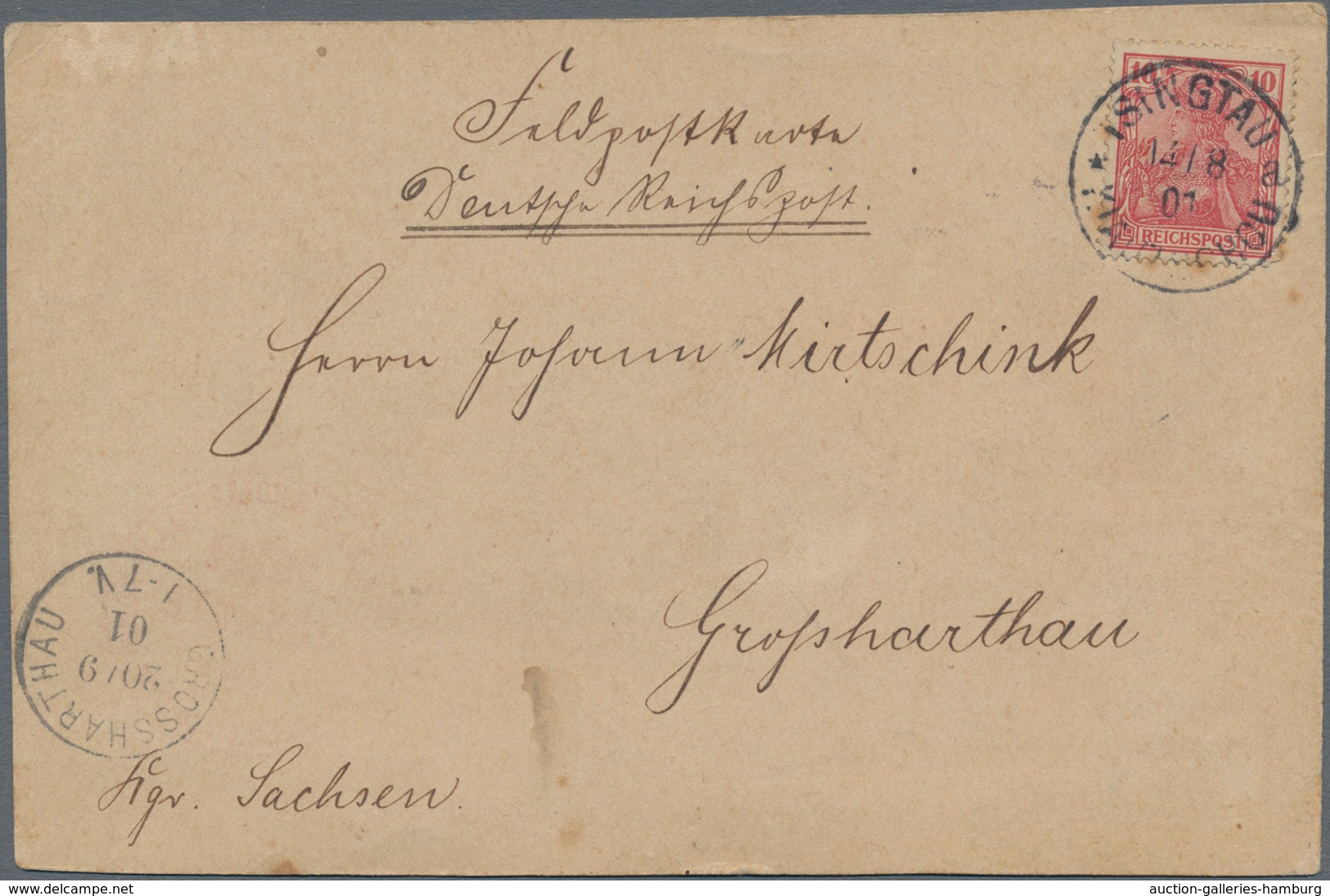 Deutsche Kolonien - Kiautschou - Mitläufer: 1901, Feldpostkarte Mit Interessantem Text "In Ermangelu - Kiautschou