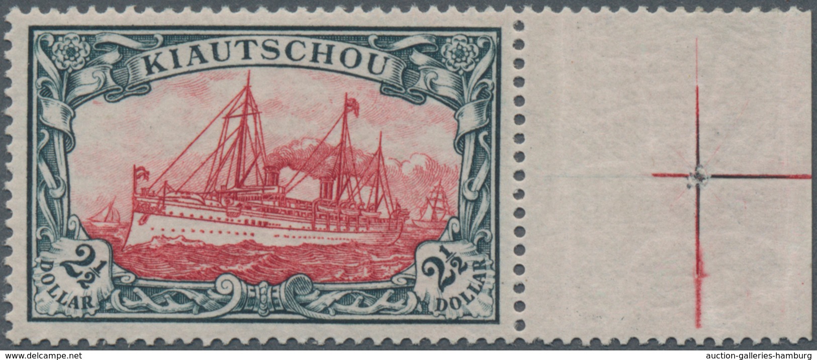 Deutsche Kolonien - Kiautschou: 1905, 2½ Dollar Kaiseryacht, Grünschwarz/dunkelkarmin, 26:17 Zähnung - Kiautschou