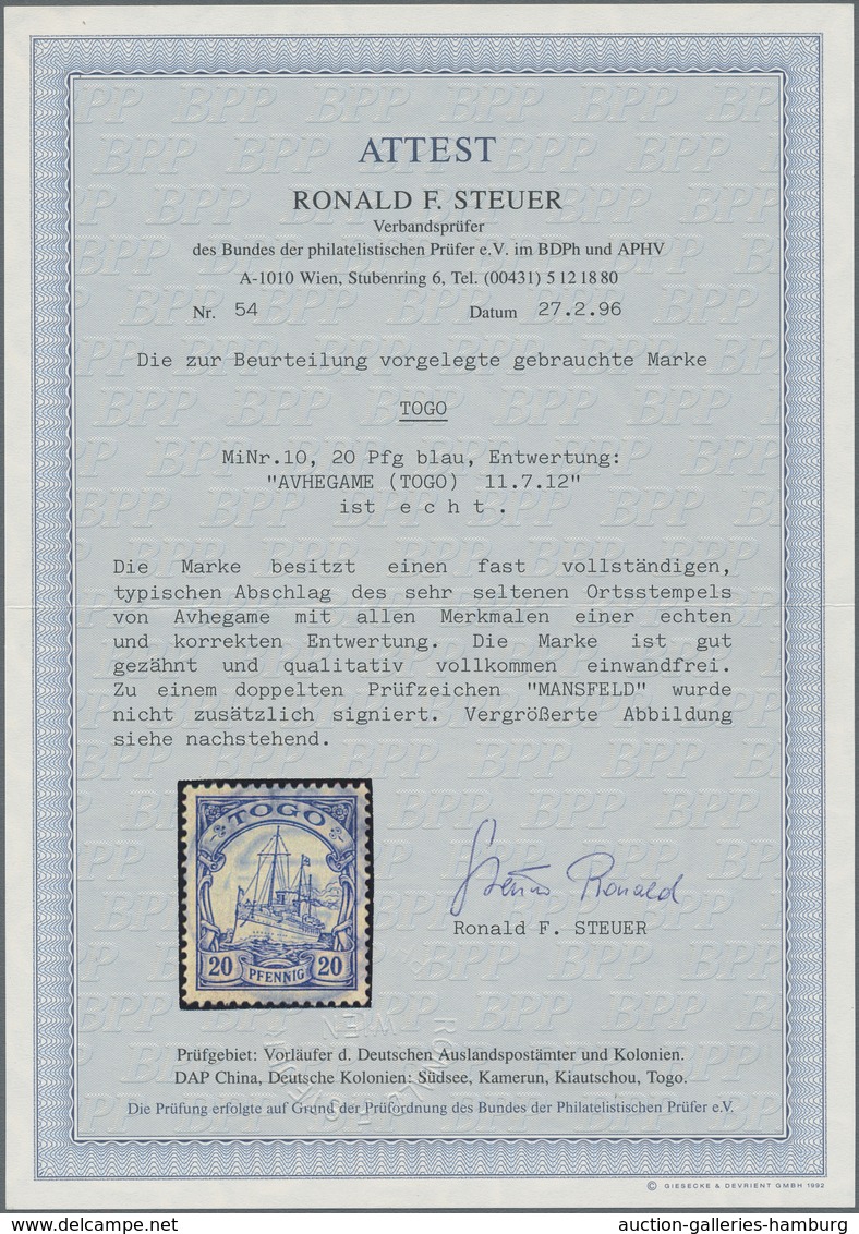 Deutsche Kolonien - Togo: 1900, 20 Pfg. Blau Kaiseryacht Mit Stempel "AVHEGAME (TOGO) 11.7.12". Die - Togo