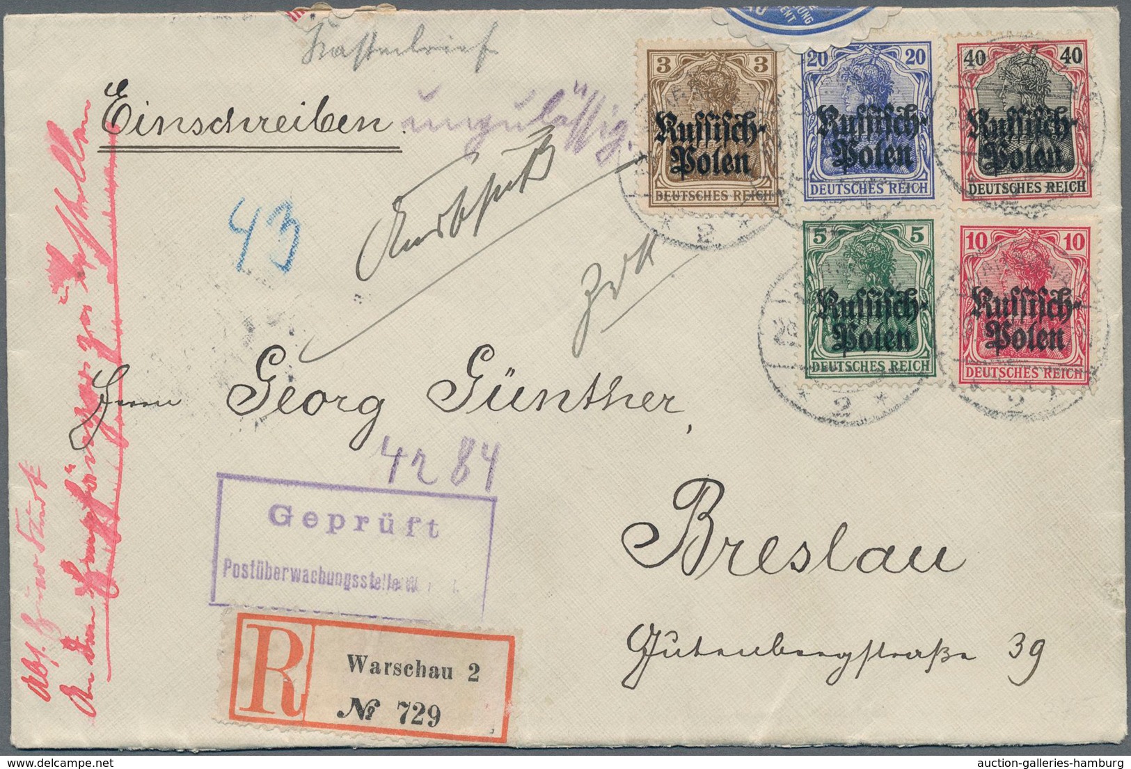 Deutsche Besetzung I. WK: Deutsche Post In Polen: 1916, Satz-R-Brief Mit Komplettem Satz Germania 3 - Besetzungen 1914-18