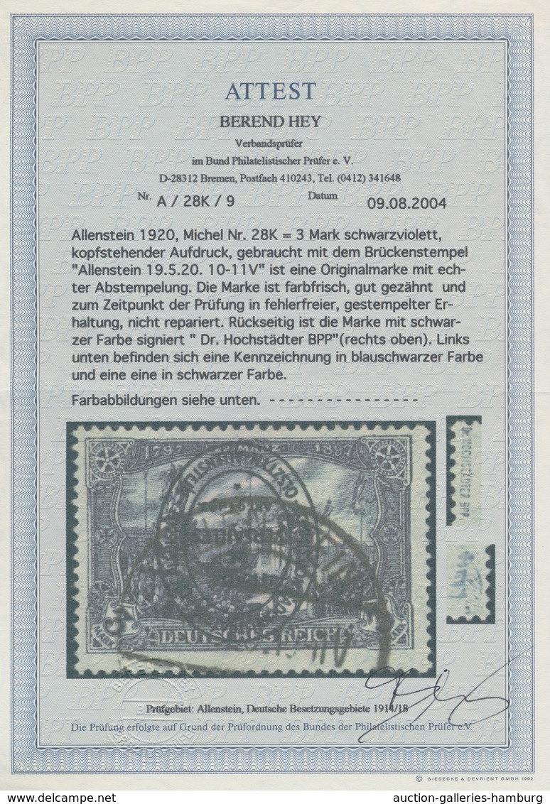 Deutsche Abstimmungsgebiete: Allenstein: 3 Mk Schwarzviolett Mit Kopfstehendem Ovalaufdruck, Farbfri - Sonstige & Ohne Zuordnung