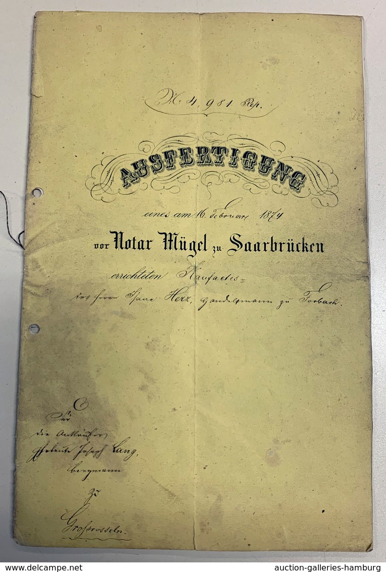 Deutsche Abstimmungsgebiete: Saargebiet: 1877 Bzw. 1896, Notarielle Ausfertigung Einer Verkündigung - Lettres & Documents