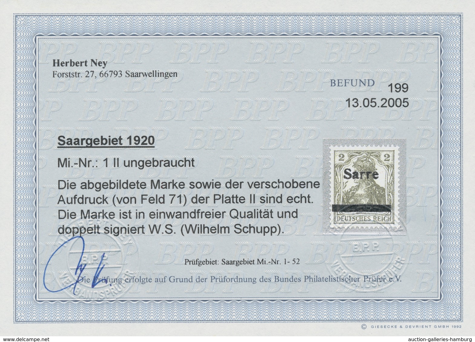 Deutsche Abstimmungsgebiete: Saargebiet: 1920, "2 Pfg. Germania/Sarre Mit Aufdruck In Type II", Unge - Lettres & Documents