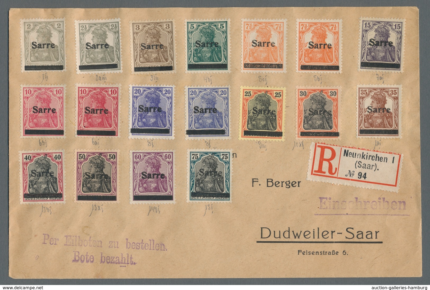 Deutsche Abstimmungsgebiete: Saargebiet: 1920, "2 Bis 80 Pfg. Germania/Sarre", überkompletter Postfr - Cartas & Documentos