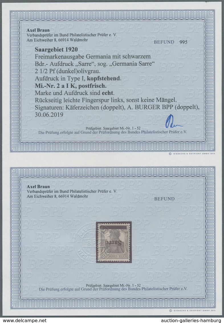 Deutsche Abstimmungsgebiete: Saargebiet: 1920, "2 ½ Pfg. Mit Germania/Sarre Mit Kopfstehendem Aufdru - Cartas & Documentos