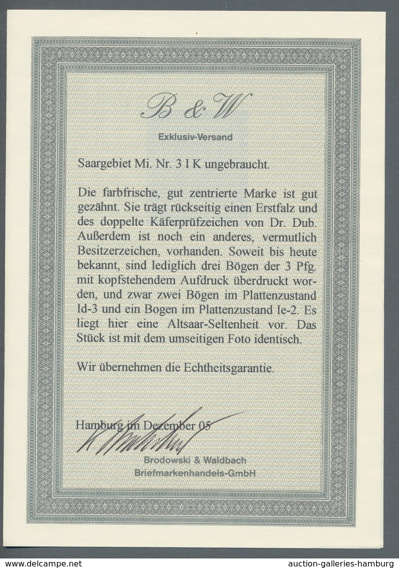 Deutsche Abstimmungsgebiete: Saargebiet: 1920, "3 Pfg. Germania/Sarre Mit Kopfstehendem Aufdruck", U - Briefe U. Dokumente