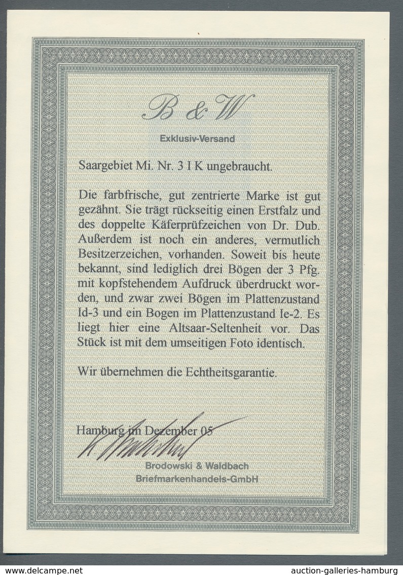 Deutsche Abstimmungsgebiete: Saargebiet: 1920, "3 Pfg. Germania/Sarre Mit Kopfstehendem Aufdruck", U - Brieven En Documenten