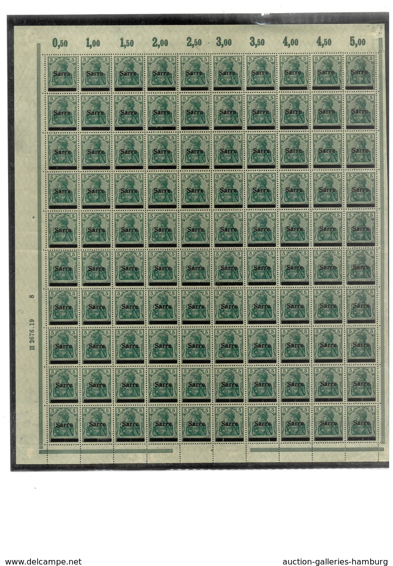 Deutsche Abstimmungsgebiete: Saargebiet: 1920, "5 Pfg. Germania/Sarre", Kompletter Postfrischer Boge - Cartas & Documentos