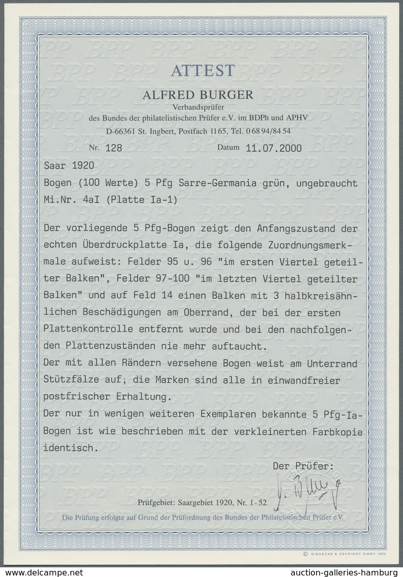 Deutsche Abstimmungsgebiete: Saargebiet: 1920, "5 Pfg. Germania/Sarre", Kompletter Postfrischer Boge - Lettres & Documents