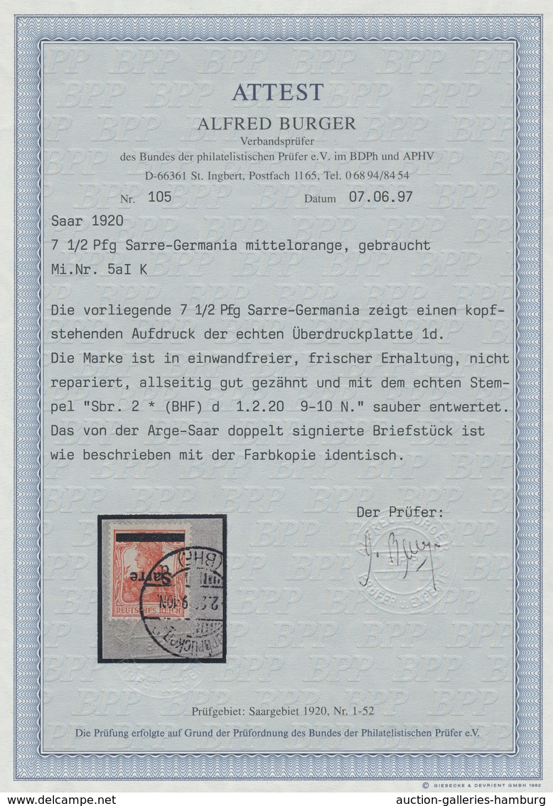 Deutsche Abstimmungsgebiete: Saargebiet: 1920, "7 ½ Pfg. Germania/Sarre Mit Kopfstehendem Aufdruck", - Cartas & Documentos