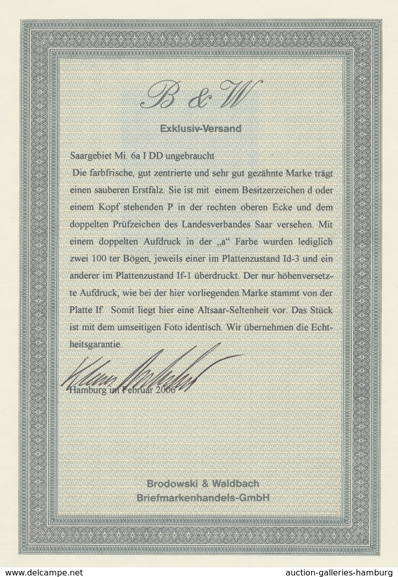 Deutsche Abstimmungsgebiete: Saargebiet: 1920, "10 Pfg. Germania/Sarre Mit Doppeltem Aufdruck", Unge - Lettres & Documents