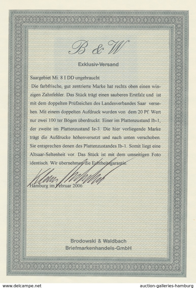 Deutsche Abstimmungsgebiete: Saargebiet: 1920, "20 Pfg. Germania/Sarre Mit Doppeltem Aufdruck", Unge - Briefe U. Dokumente