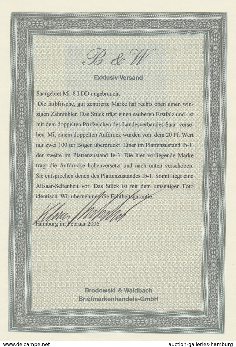 Deutsche Abstimmungsgebiete: Saargebiet: 1920, "20 Pfg. Germania/Sarre Mit Doppeltem Aufdruck", Unge - Lettres & Documents