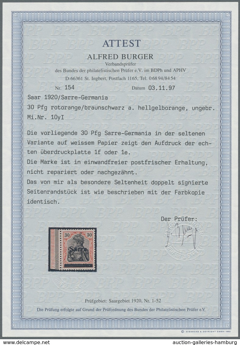 Deutsche Abstimmungsgebiete: Saargebiet: 1920, "30 Pfg. Garmania/Sarre In Type I Auf Orangeweißem Pa - Cartas & Documentos