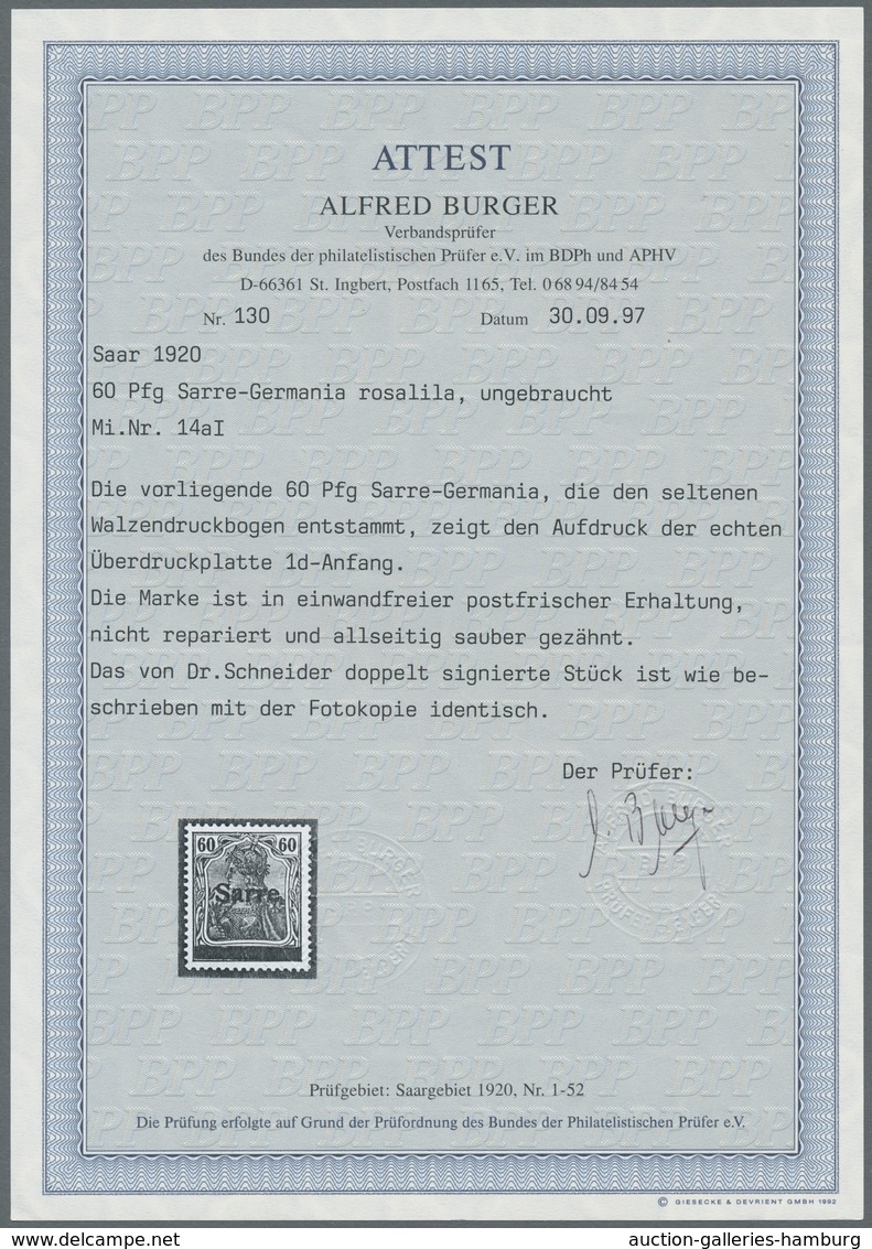 Deutsche Abstimmungsgebiete: Saargebiet: 1920, "60 Pfg. Germania/Sarre Rosa- Bzw. Purpurlila", Postf - Cartas & Documentos