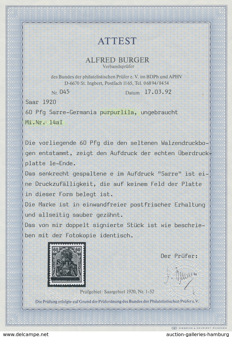 Deutsche Abstimmungsgebiete: Saargebiet: 1920, "60 Pfg. Germania/Sarre Purpurlila", Die Seltene Farb - Cartas & Documentos
